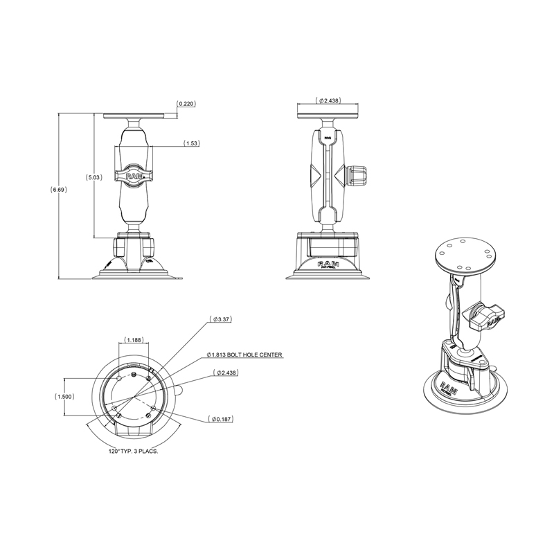 RAM-B-166-202U Twist-Lock Saugnapfhalterset mit Round Base 3