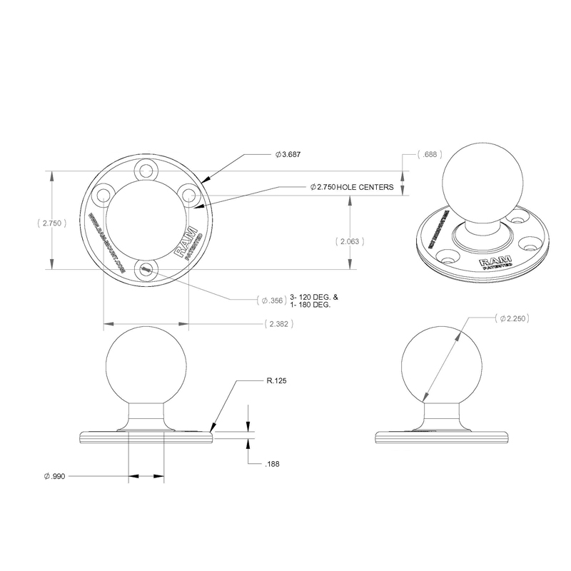 RAM-D-202U-IN1 Große Round Base 3.68 Zoll mit stahlbewehrter D-Kugel 3