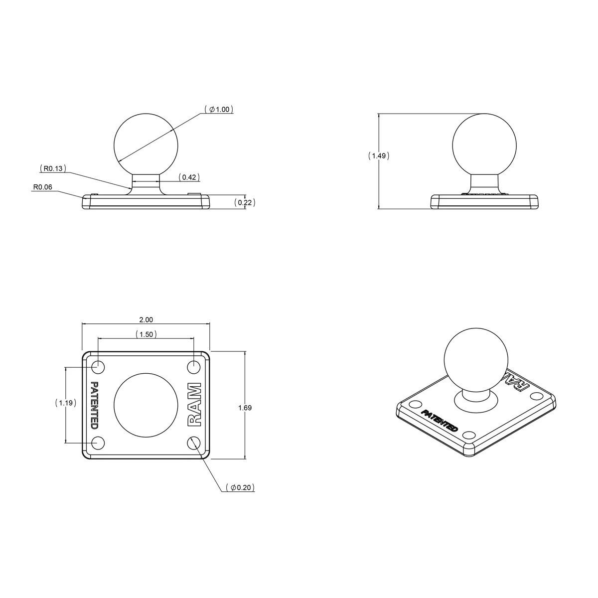 RAM-B-139U Ram Mount B-Arm Basisset mit Round Base und Square Base aus Aluminium 6
