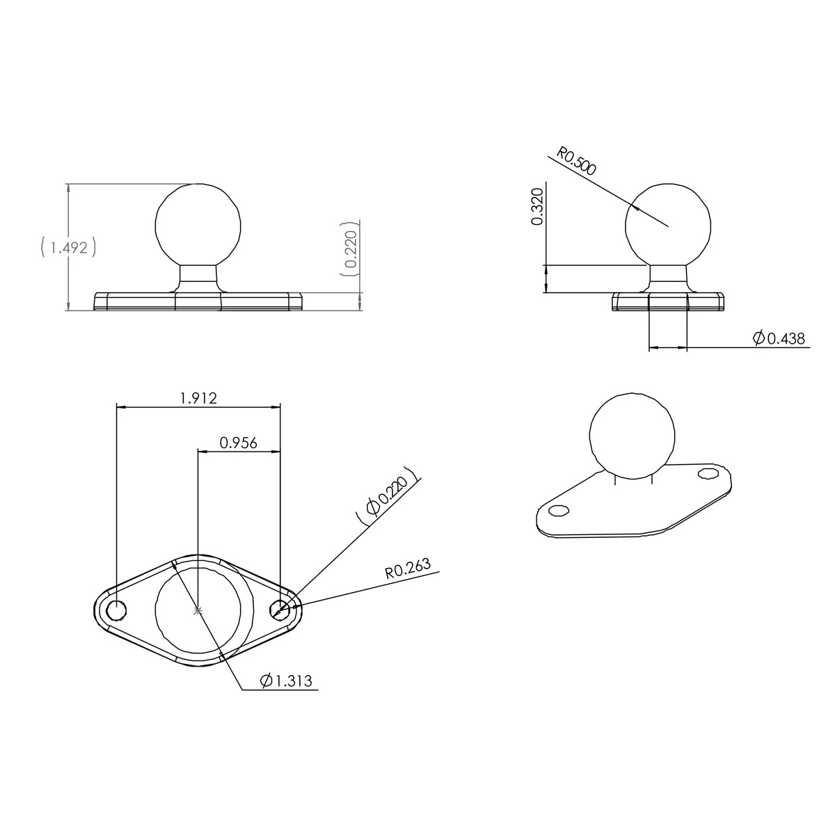 RAM-B-138U-A Ram Mount B-Arm-Basisset kurz - Aluminium, Diamond Base, Round Base 8