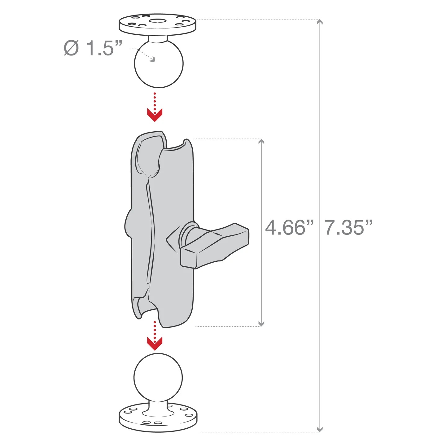 RAM-101U Ram Mount C-Arm-Basisset mittellang, Round Base, Aluminium 6