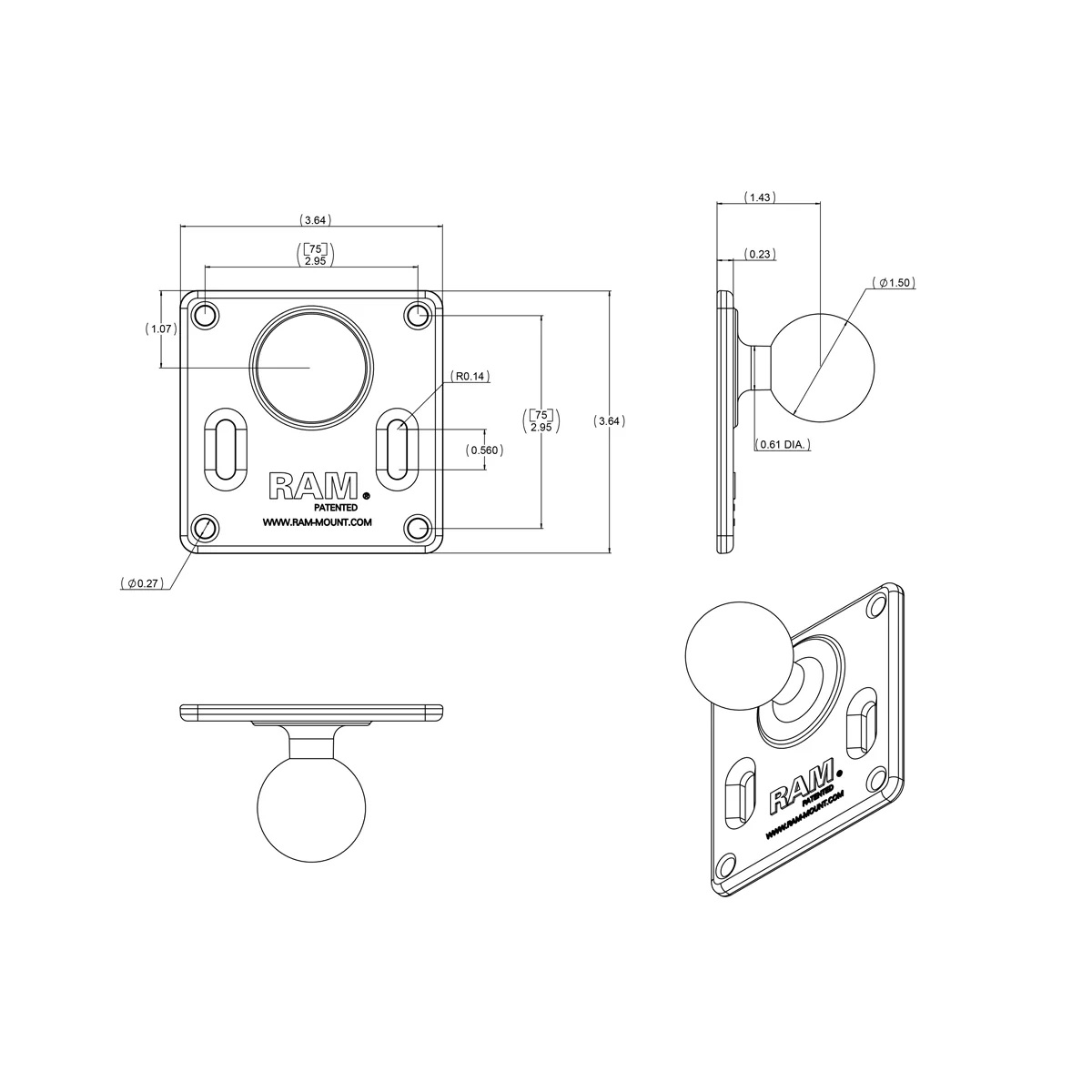 RAM-101U-2461 Doppel-Kugelhalterung mit VESA Platte 75x75 u. Roundbase aus Aluminium 5