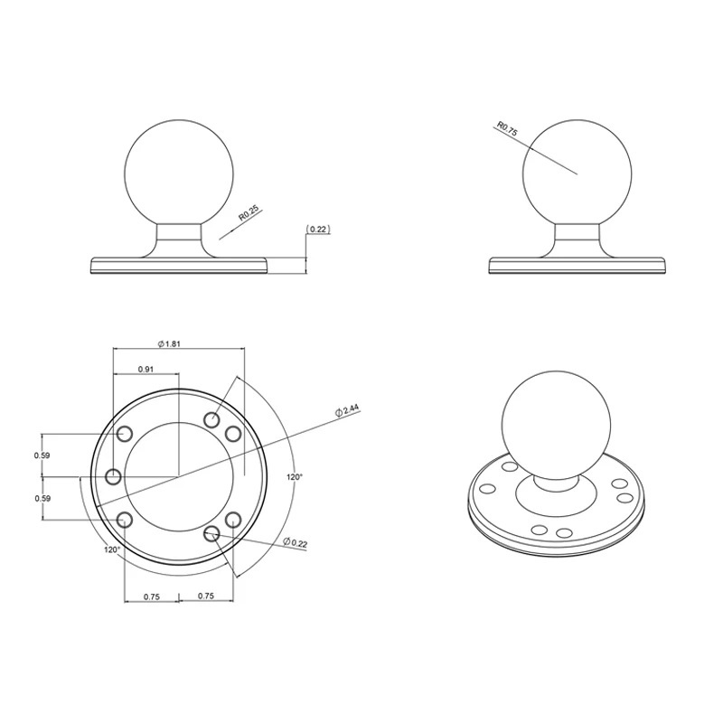RAM-101U Ram Mount C-Arm-Basisset mittellang, Round Base, Aluminium 5